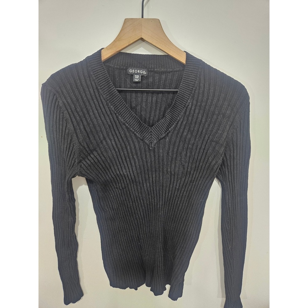 George Womens Ribbed V-Neck Long Sleeve Sweater Black Soot GL41306 XL 16-18